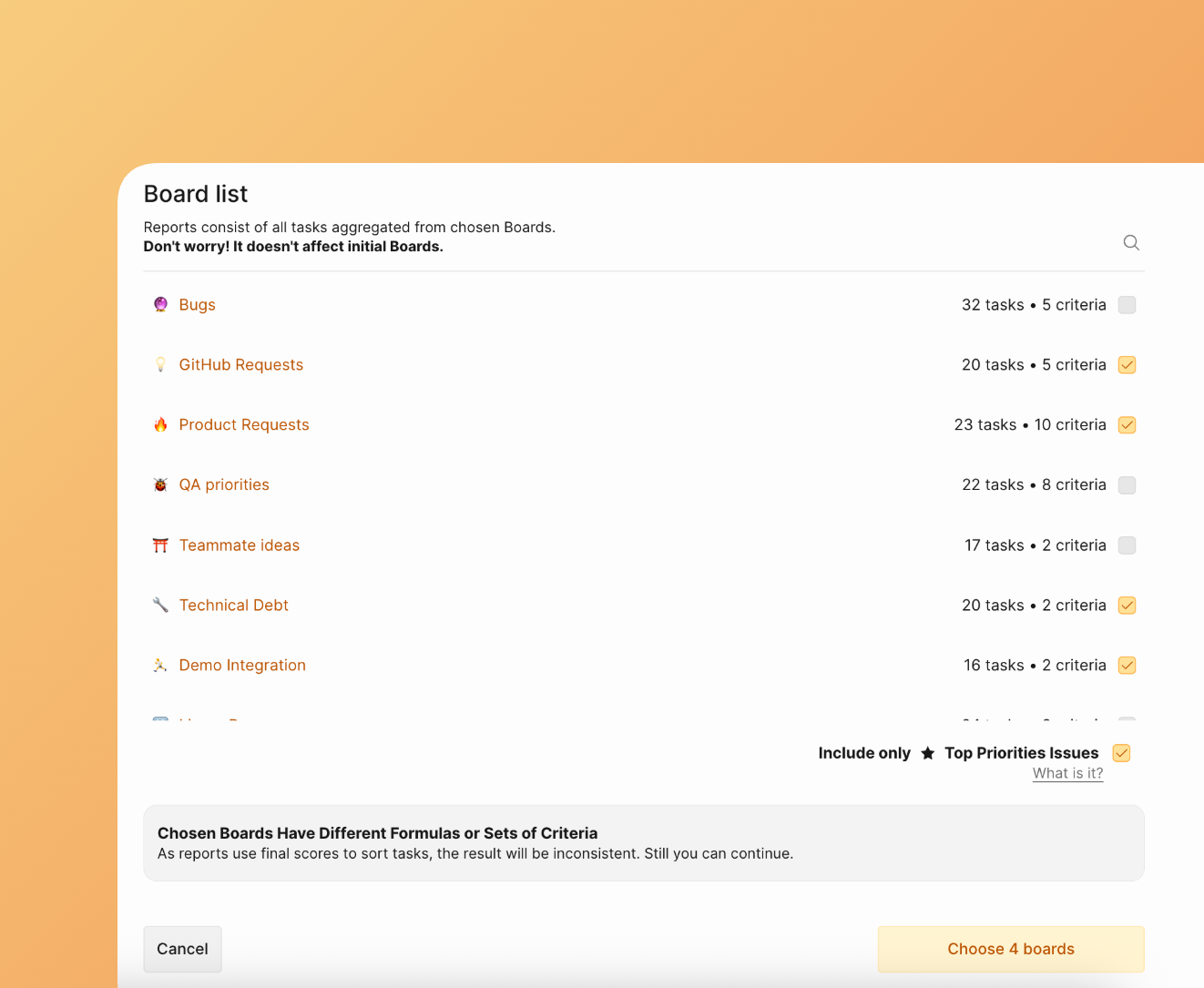 Choosing boards for the report