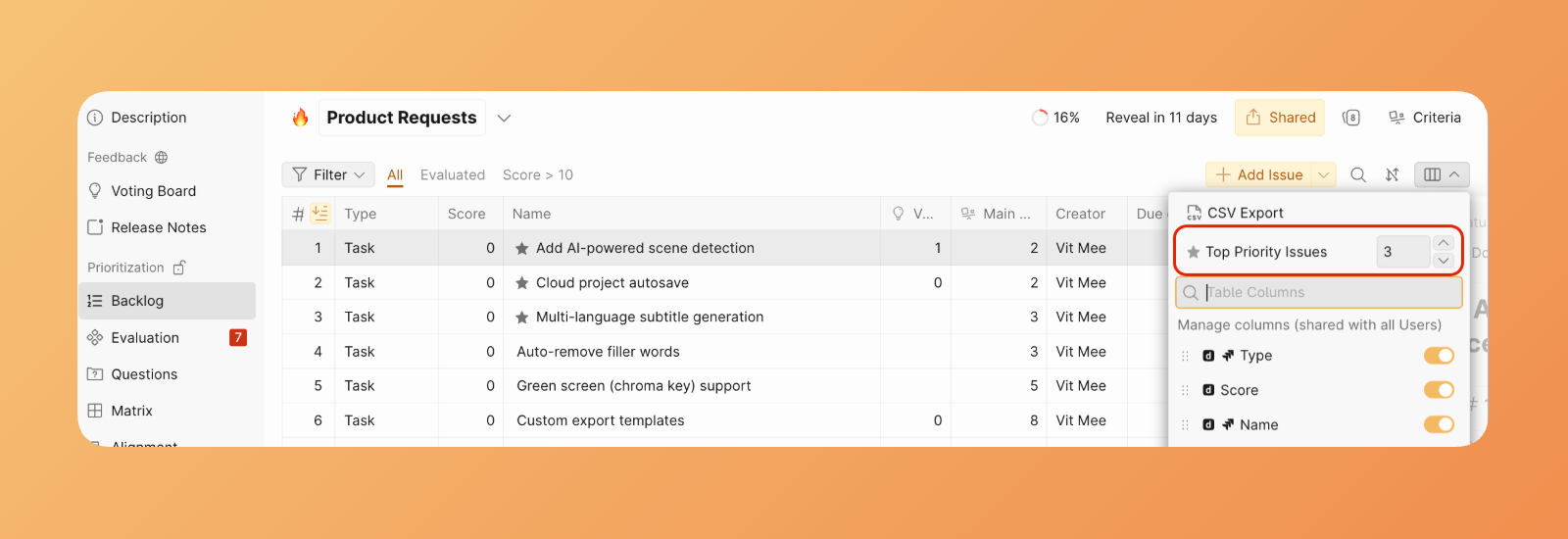 Set the number of top priority issues
