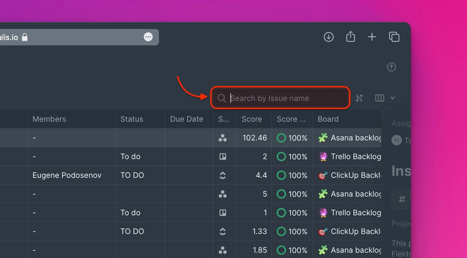 Typing Issue name in search field