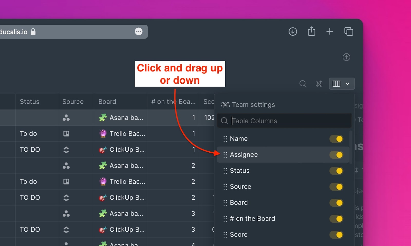 Ziehen von Spalten zum Neuanordnen