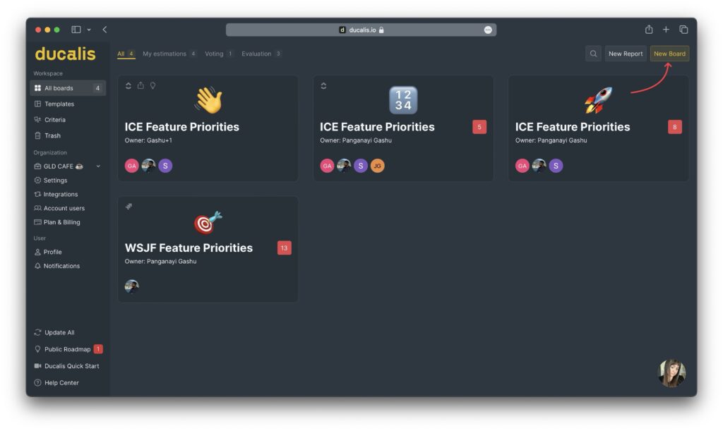 New Board Button im Dashboard