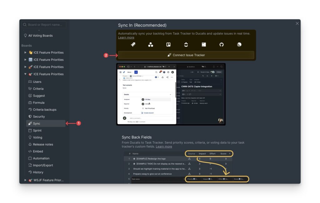 Connect Issue Tracker Button in den Sync-Einstellungen
