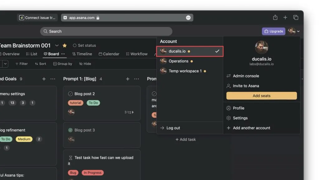 Asana での一致するワークスペース名