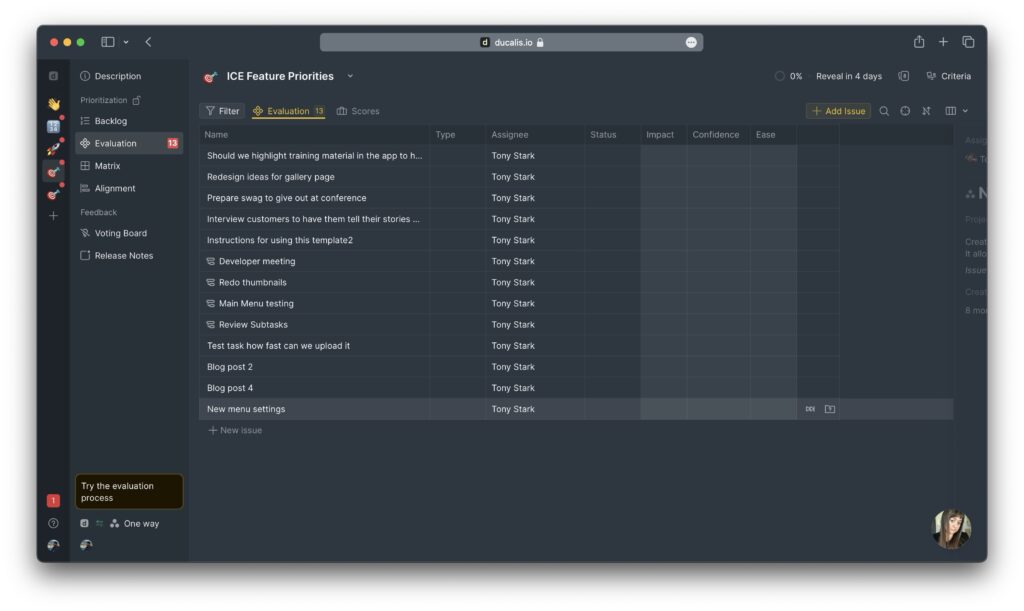 Bewertungsraster zeigt synchronisierte Asana-Aufgaben