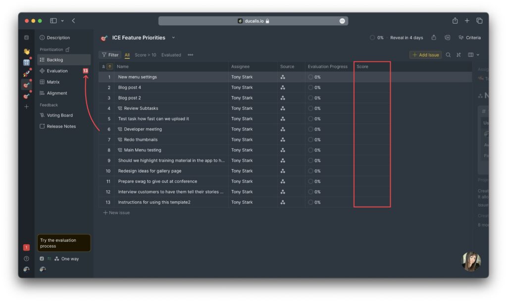 Backlog-Seite zeigt priorisierte Aufgaben