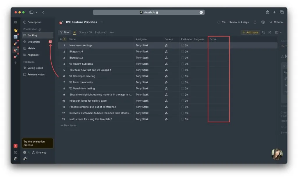 優先順位付けされたタスクを表示するバックログページ