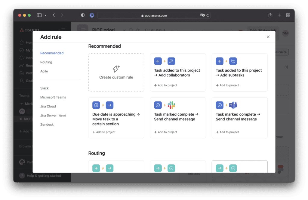 Asana-Automation-Oberfläche zeigt keine verfügbaren Berechnungsaktionen