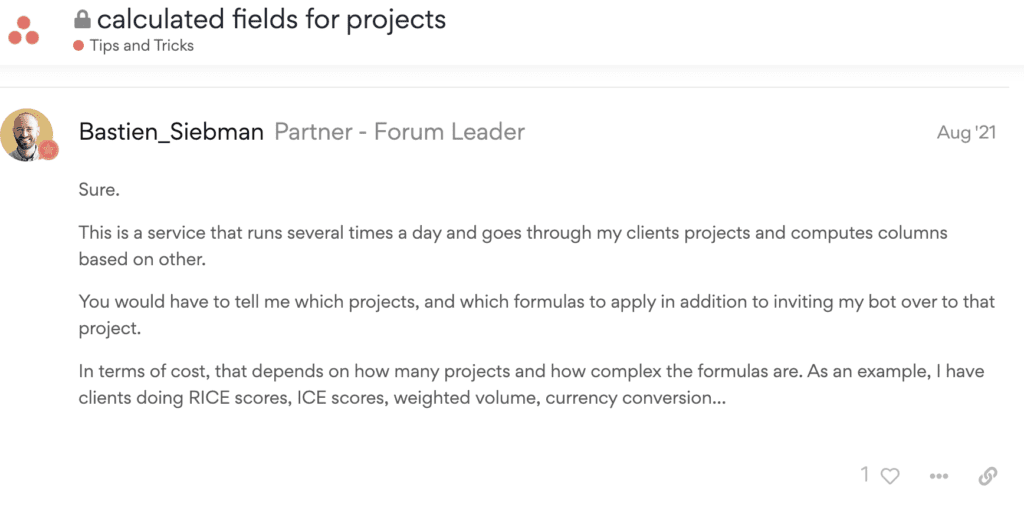 計算オプションのない Asana カスタムフィールドインターフェース