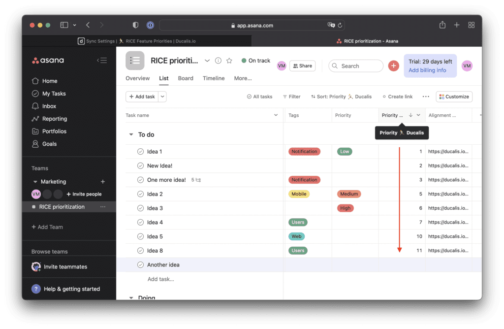 Asana-Oberfläche zeigt neues Prioritäts-Benutzerdefiniertes-Feld mit berechneten Werten