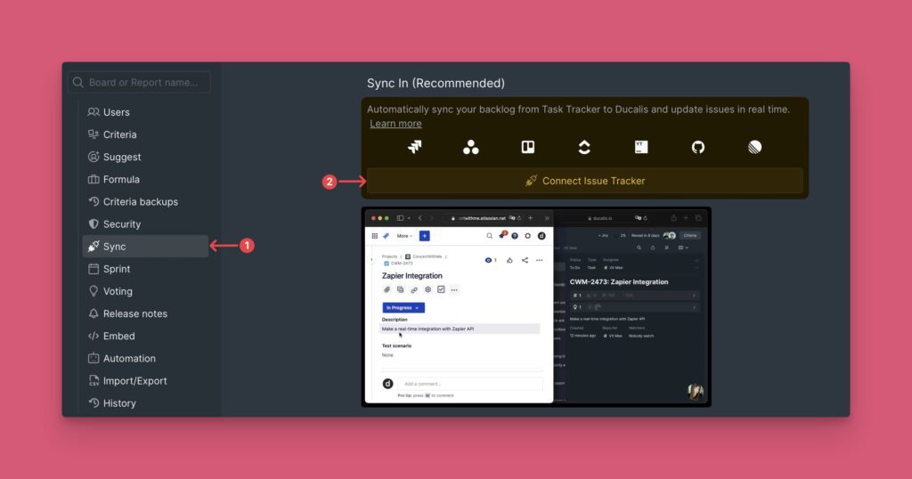 Sync-Einstellungen mit der Option Task Tracker verbinden