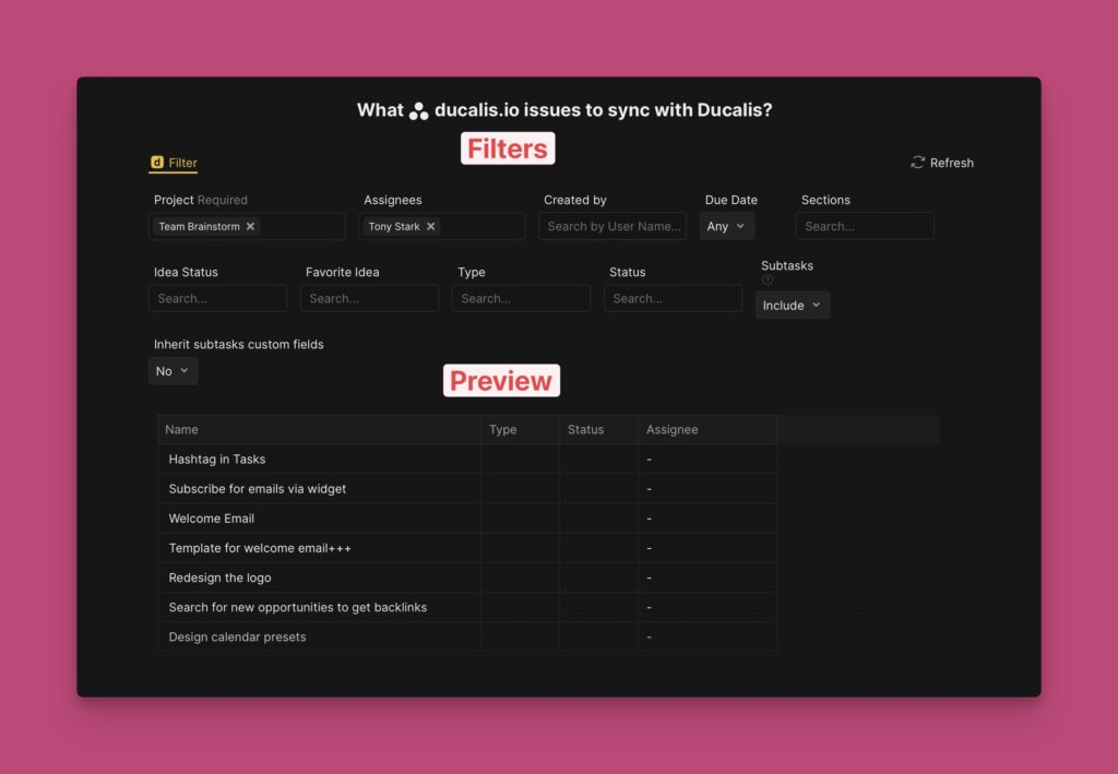 Filter und Vorschau mit Unteraufgaben-Option