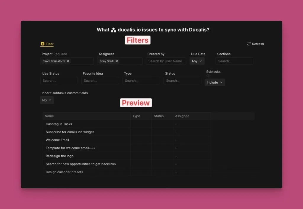 サブタスクオプション付きのフィルタとプレビュー