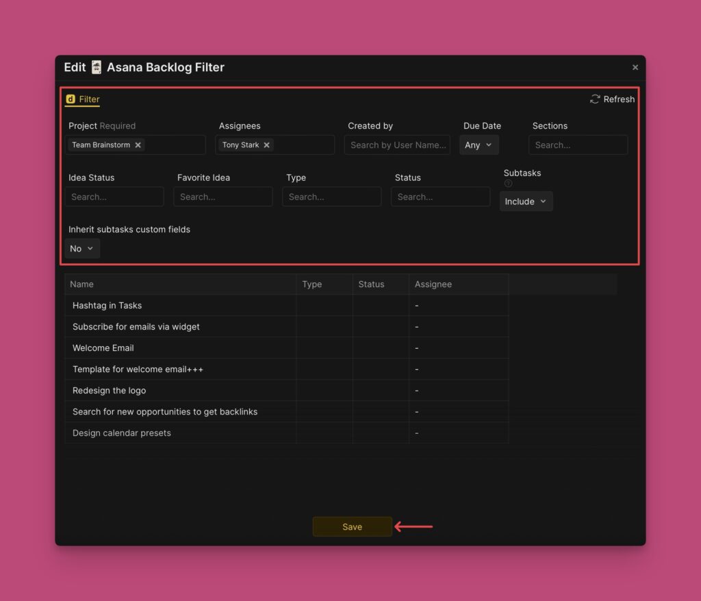 Benutzeroberfläche zum Bearbeiten von Filtern mit Schaltfläche Speichern