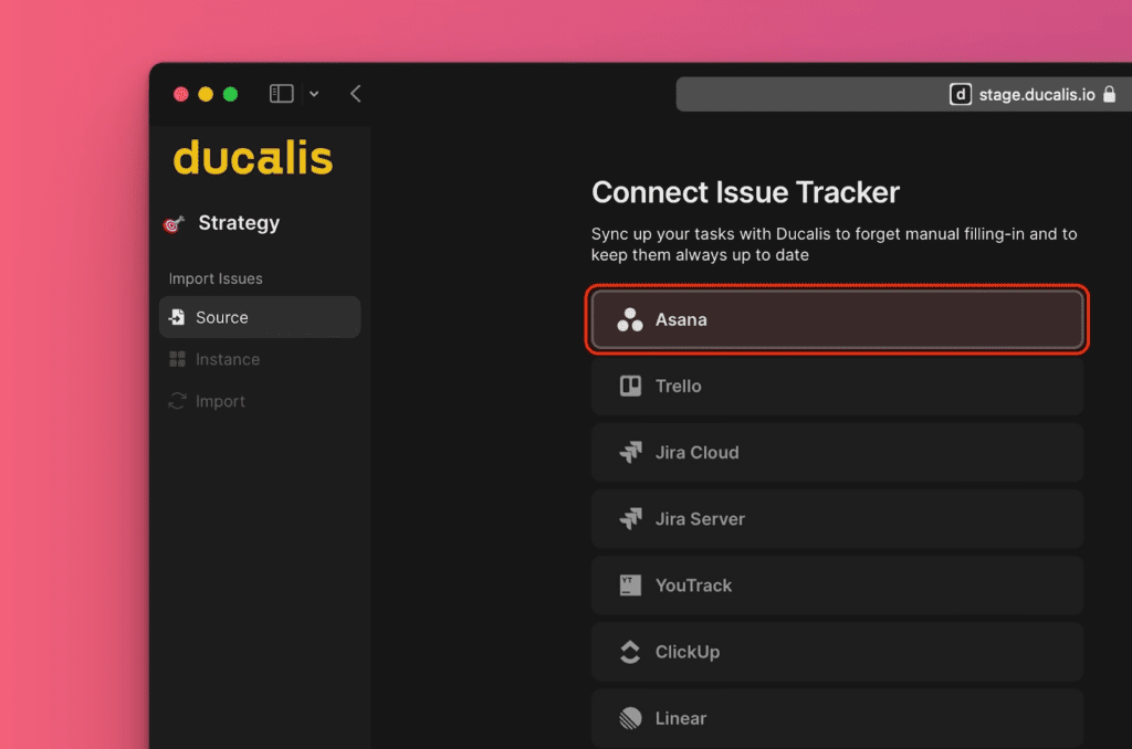 Asana in der Task-Tracker-Liste ausgewählt