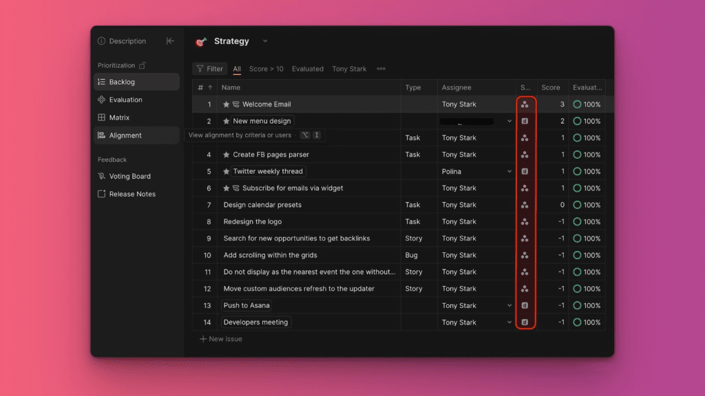 Board mit Asana- und Produkt-Icons auf Vorgängen