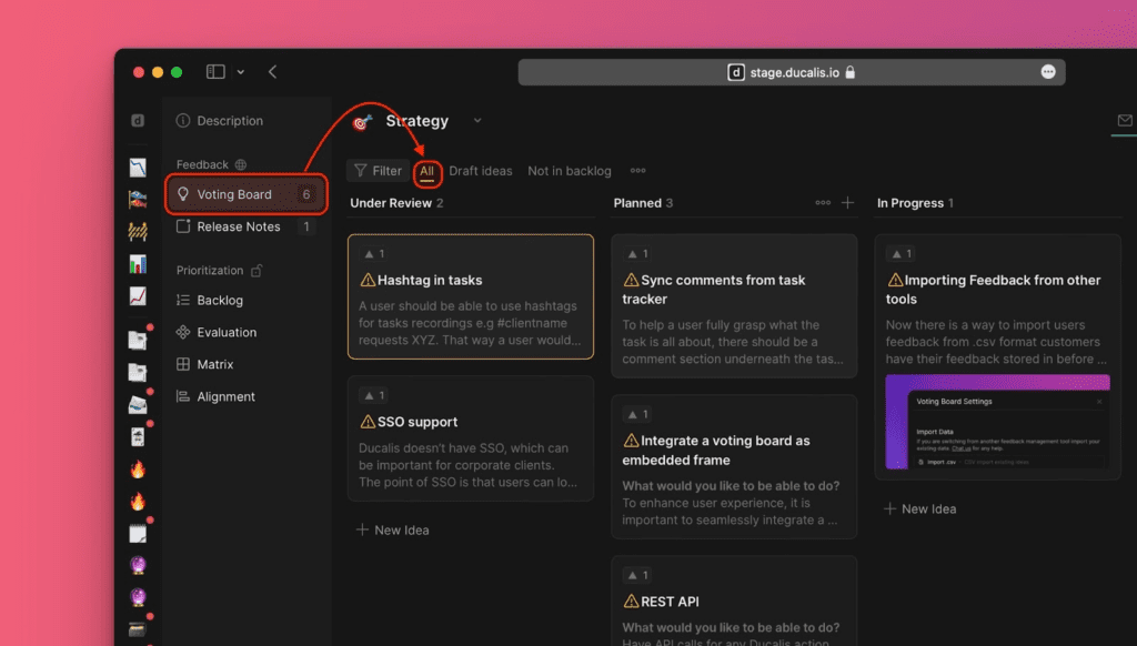 Voting Board mit Ideen und Warnsymbolen