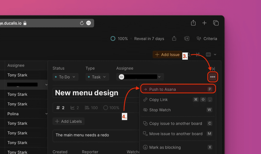 課題メニューの Push to Asana オプション