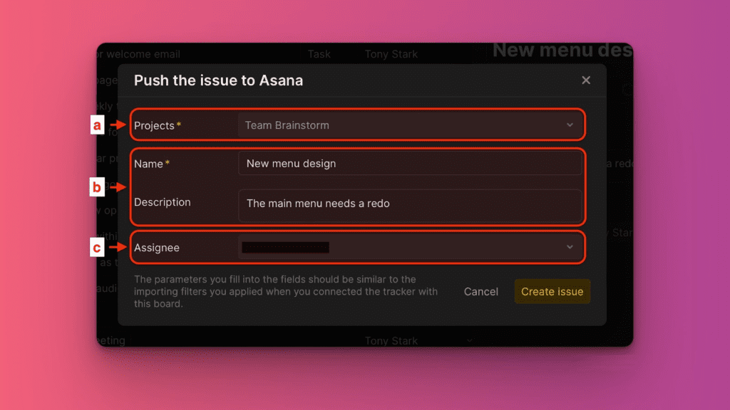 Push to Asana 設定フォーム