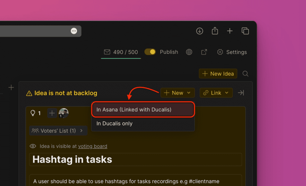 ドロップダウンの Asana 連携オプション