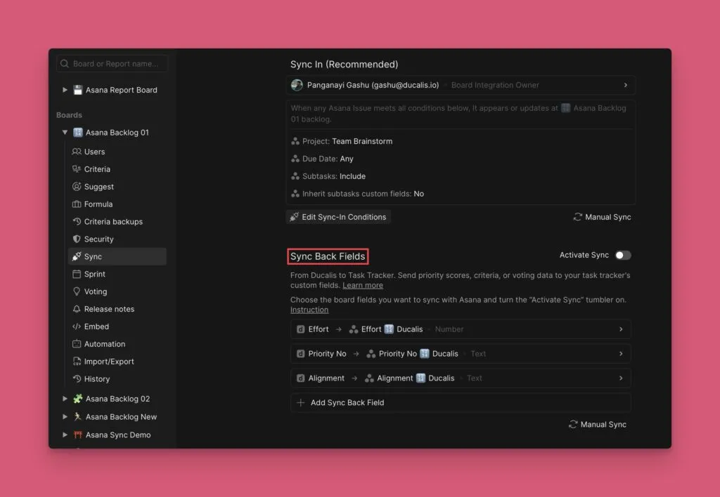 Sync Back Fields セクションを表示している同期設定メニュー