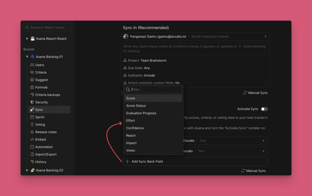 Dropdown-Menü Add Sync Back field