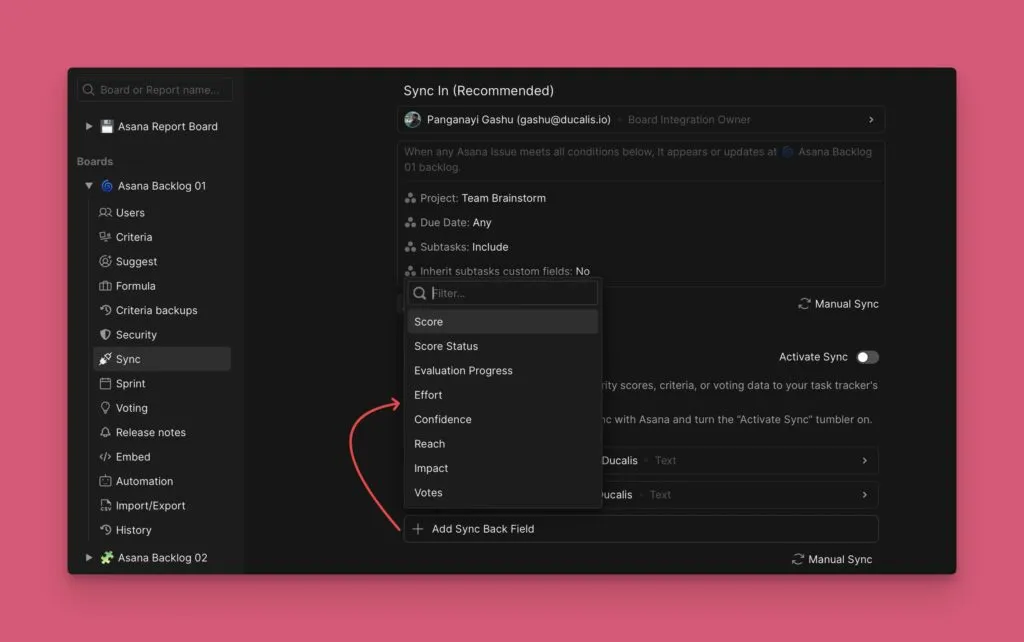 逆同期フィールド追加のドロップダウンメニュー