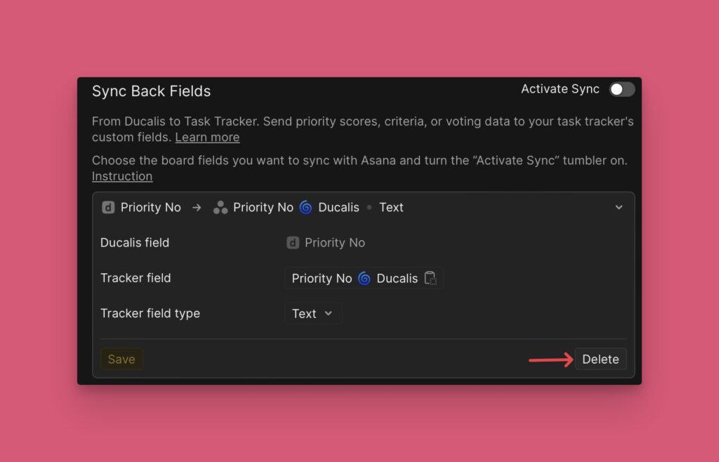 Löschsymbol zum Entfernen von Sync-Back-Feldern