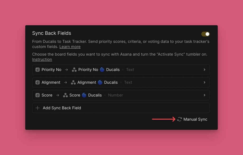 Schaltfläche Manual Sync-Back für sofortige Synchronisierung