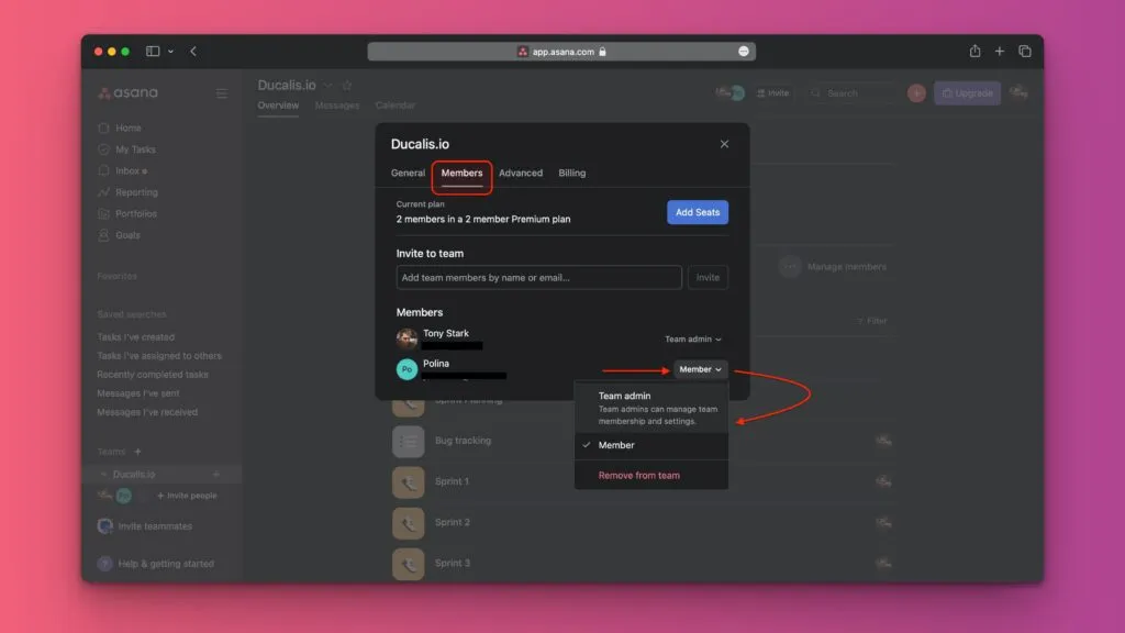 アクセスレベルオプションを表示している Asana 管理者メンバー設定