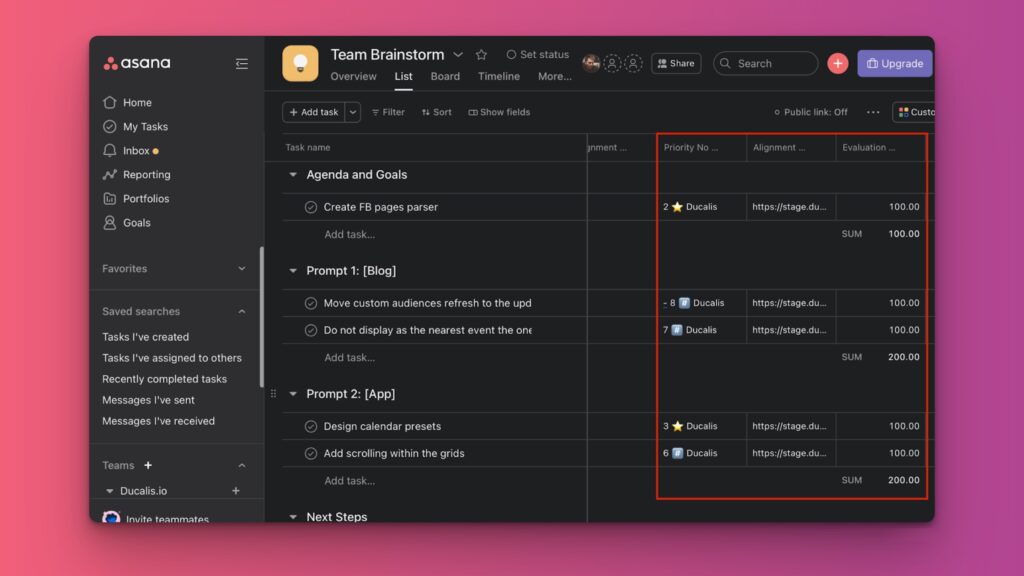 In Asana erstellte benutzerdefinierte Felder mit Prioritätsdaten