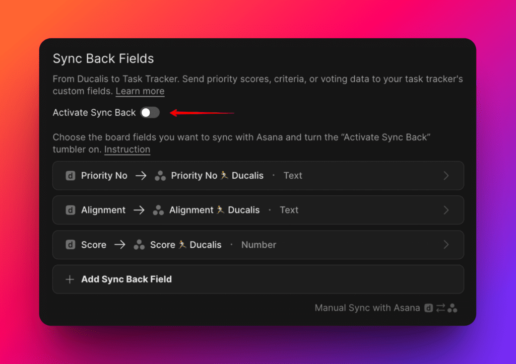 Sync Back-Schalter im aktivierten Zustand