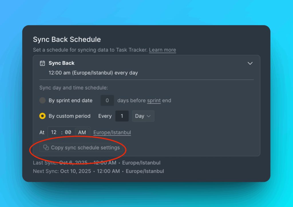 Schaltfläche Copy sync schedule settings