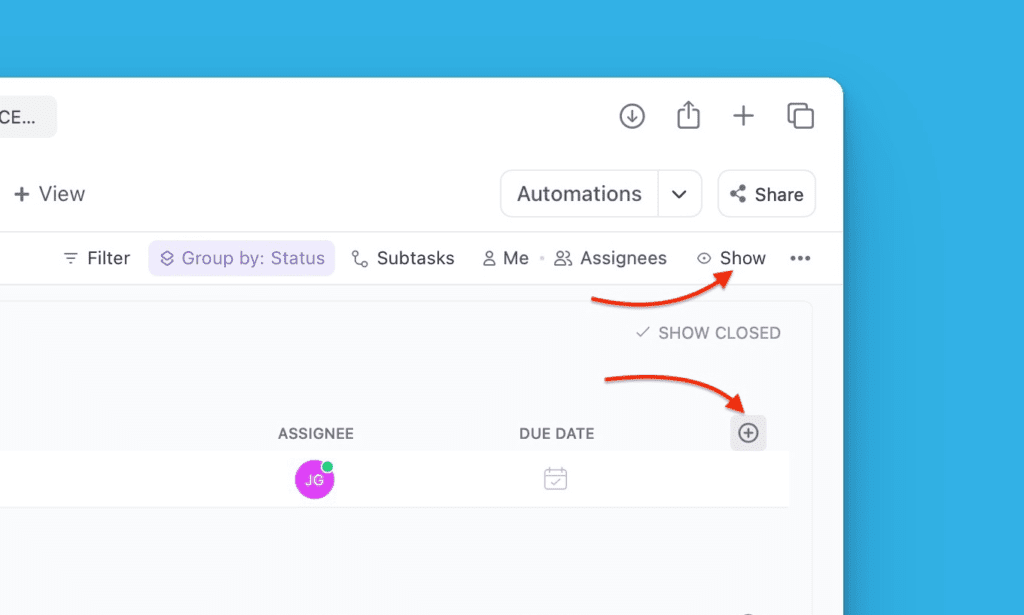 Show または Add column ボタンの位置