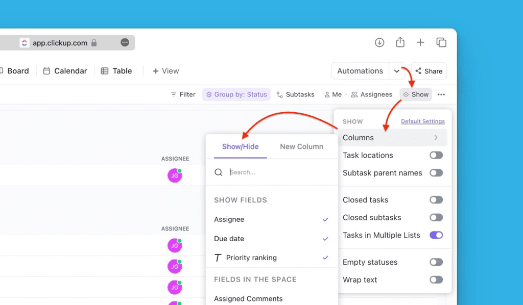 Menü Columns mit Option Show/Hide