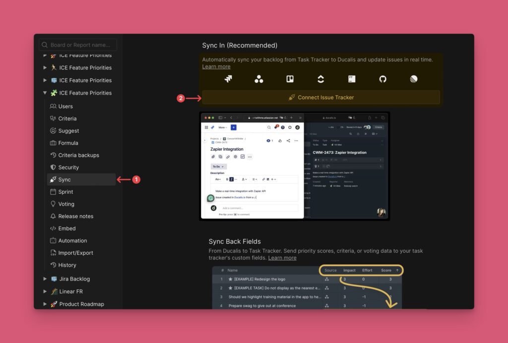 Sync-In-Bereich mit Connect Issue Tracker-Button