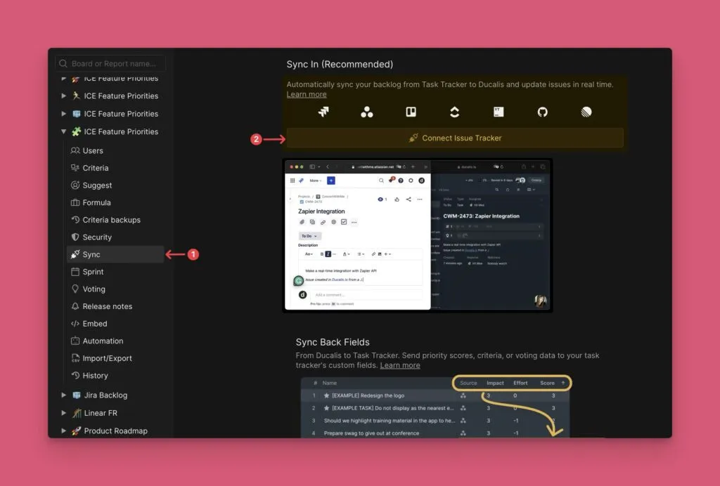 課題トラッカーを接続ボタンがある同期セクション