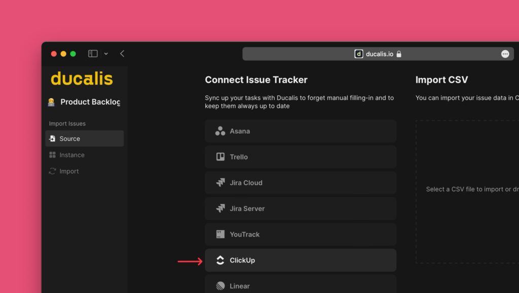 Aufgaben-Tracker-Auswahl mit hervorgehobenem ClickUp