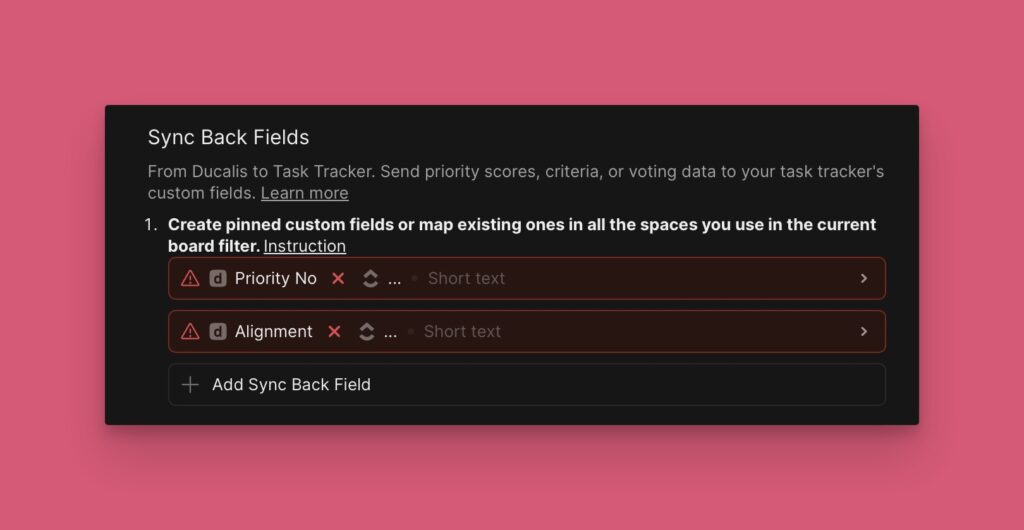 Sync Back-Konfigurationsbildschirm für ClickUp