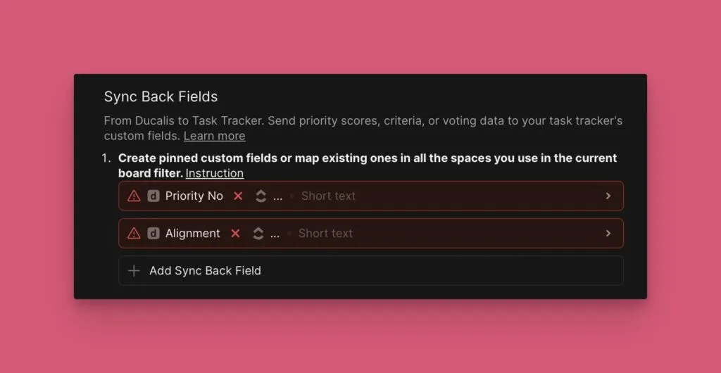 ClickUp の逆同期設定画面