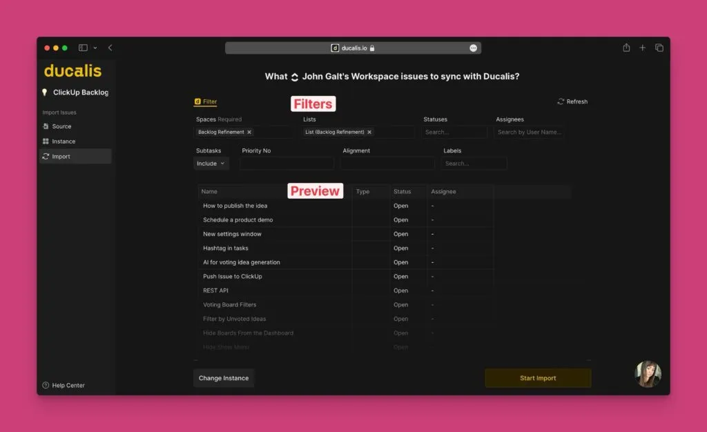 課題プレビュー付きのフィルタオプション