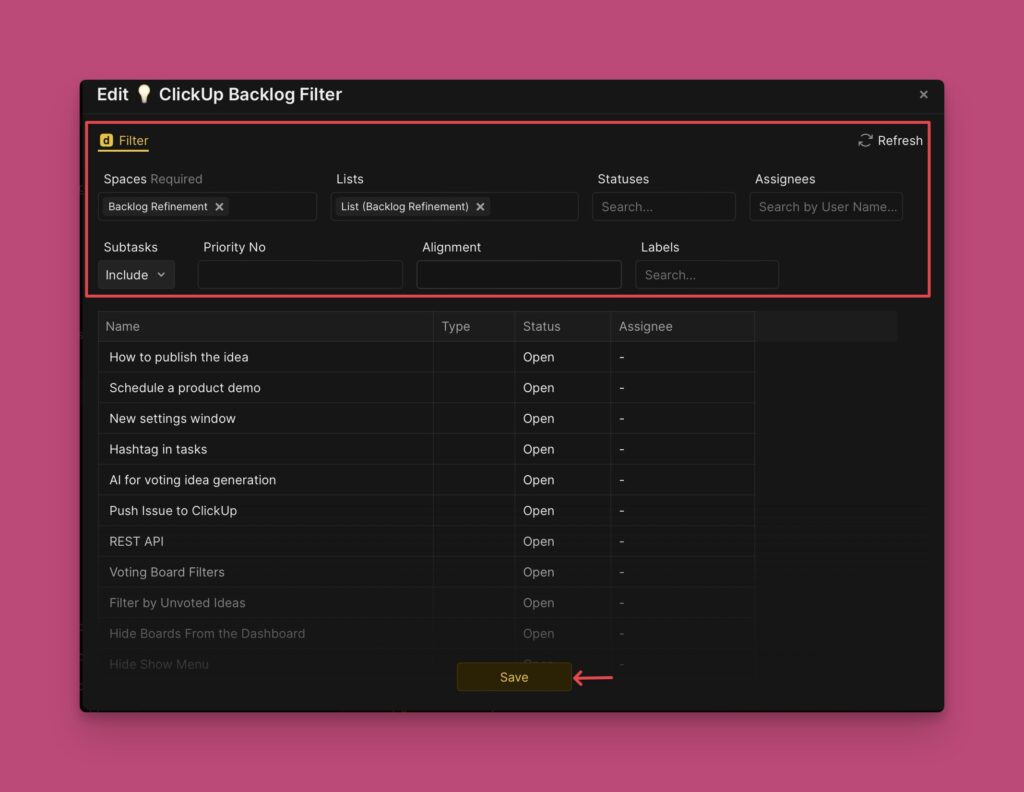 Filter-Bearbeitungsoberfläche