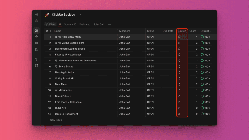 ClickUp アイコン付きでインポートされた課題を表示するボード