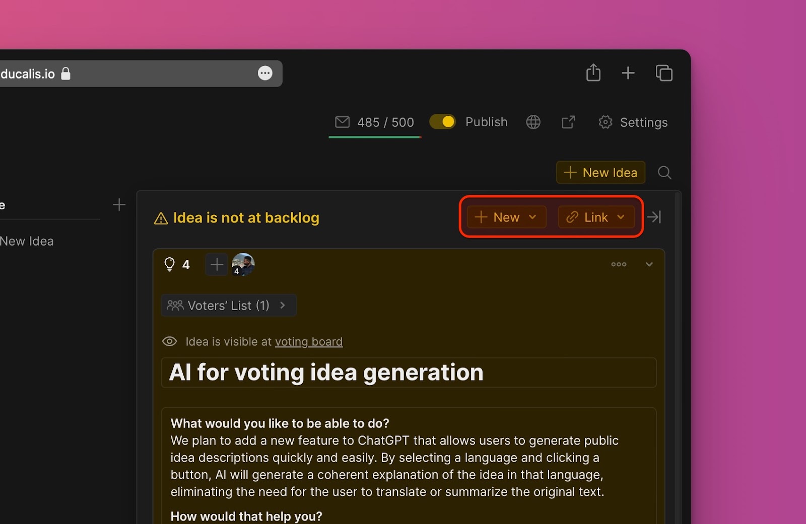 Als neuen Vorgang hinzufügen Button in der Ideenkarte