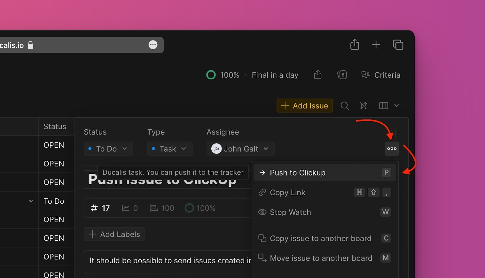 Push to ClickUp Option im Dropdown-Menü