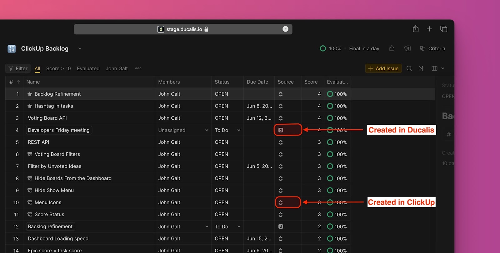 Backlog mit Vorgängen mit ClickUp- und Produkt-Symbolen