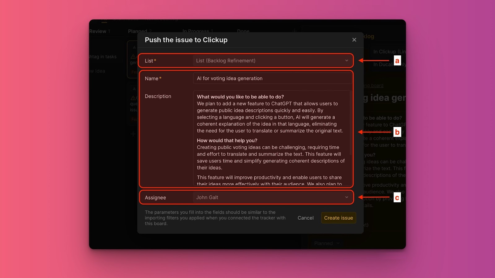 Vorgangserstellungsformular für Voting Board-Idee
