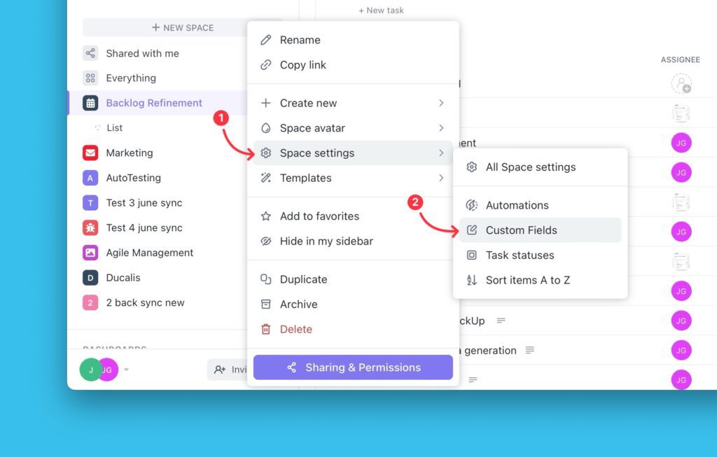 Space Settings-Option im Dropdown-Menü