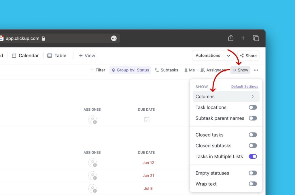 Show-Menü mit Columns-Option