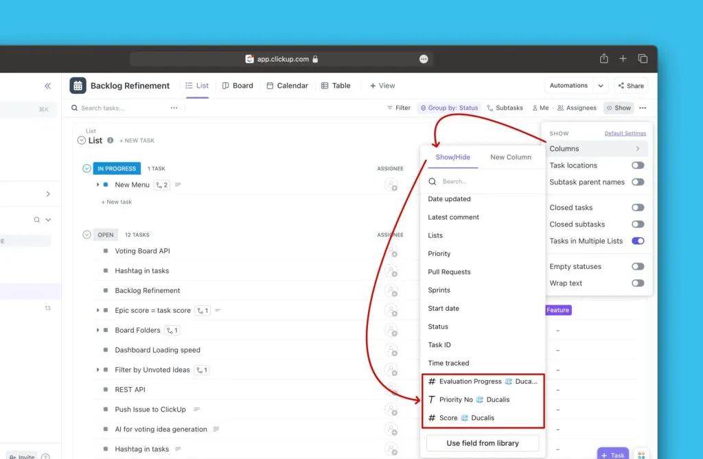 カスタムフィールドリスト付きの表示/非表示メニュー