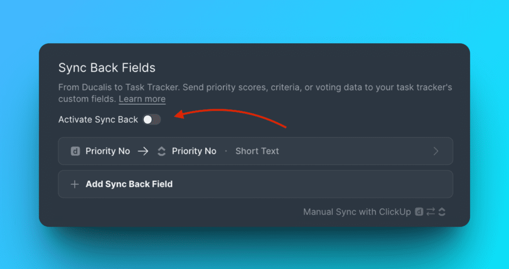 Activate Sync Back-Schalter in den Sync-Einstellungen